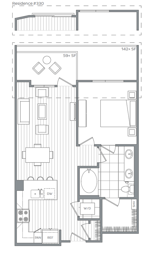 Floor plan for 1 bed, 1 bath, 738 sqft